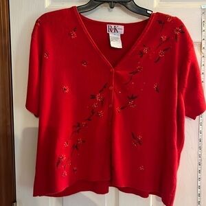 R&K-size 16-cherry, red pinup cardigan, V-neck sweater, delicate embroidery